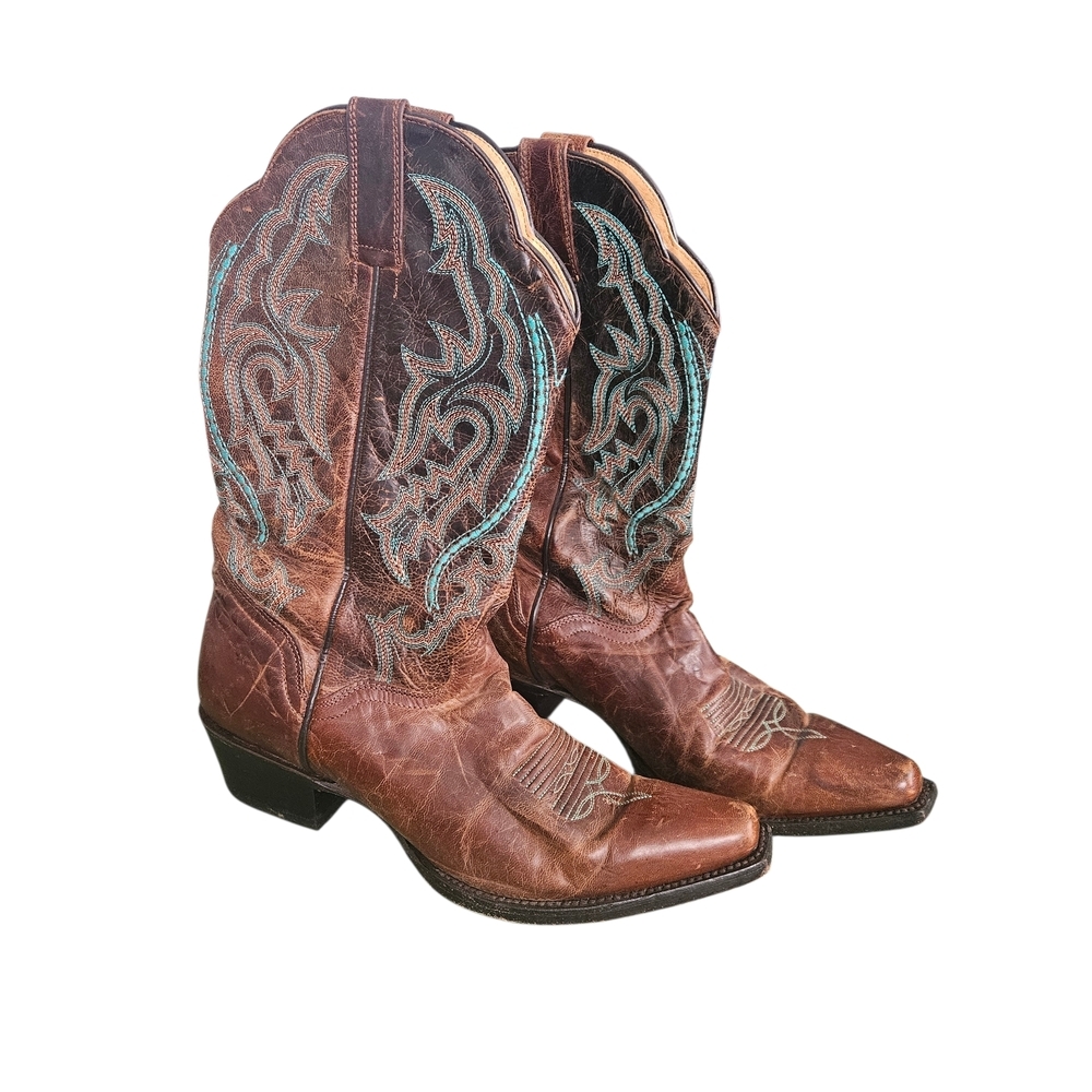J.B. Dillon Leather Brown and Blue Heeled Western Style Boots Size 10 B NARROW